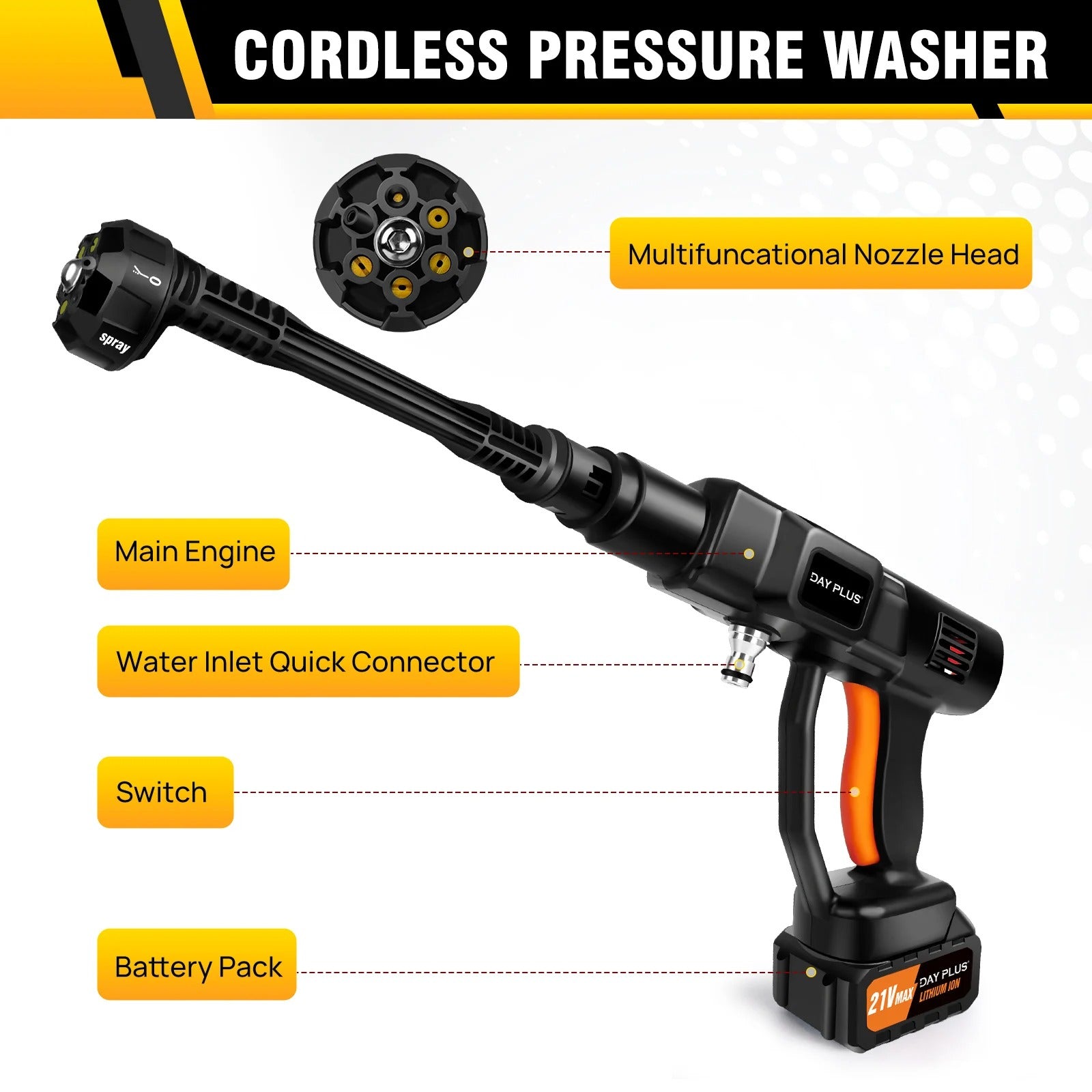 21V Water Gun Spray Cleaner Car Washer, with 3000mAh battery, Handheld High Pressure Washer for Car/Floor/Garden Cleaning and Water